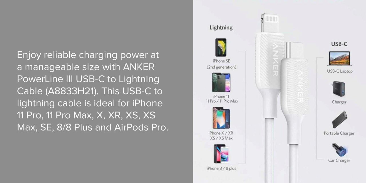 Anker PowerLine III USB-C to Lightning 6ft White/Silver